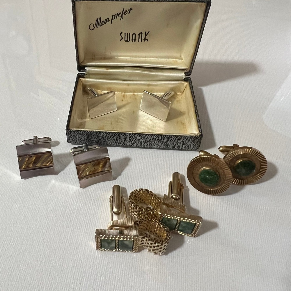 Vintage Mens Cufflinks Lot 4 Pair Swank Anson Silver Gold Green Stone Boxed